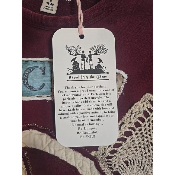 OOAK Upcycled Reworked Sweatshirt PEACE Vtg Doily Floral Appliques Boyfriend M - Picture 3 of 16